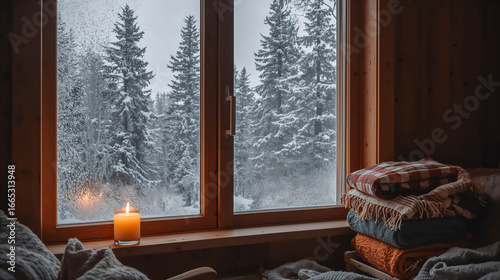 Cozy winter scene with candle and snow-covered trees