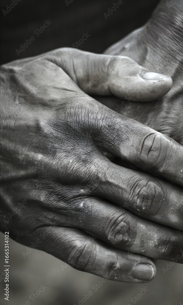 Fototapeta premium strong handshake with rough textured hands in black and white