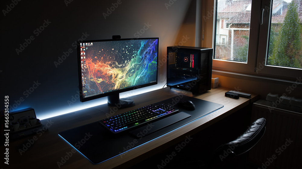 Naklejka premium Gaming desktop setup with RGB keyboard by window