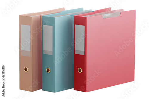 Three colorful file folders binders, isolated on white transparent background