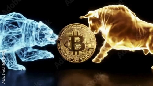 Bitcoin's Market Duel: The symbolic battle of the bear and bull, representing market forces, surrounds a gleaming bitcoin, all rendered in a dynamic and modern illustration.
