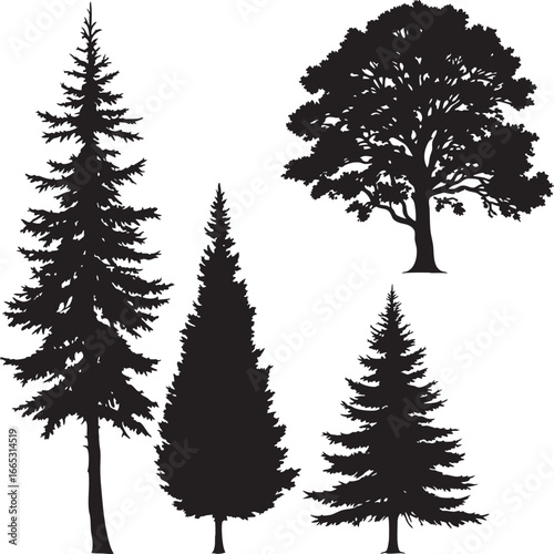 A collection of four black silhouette trees on a pure white background.