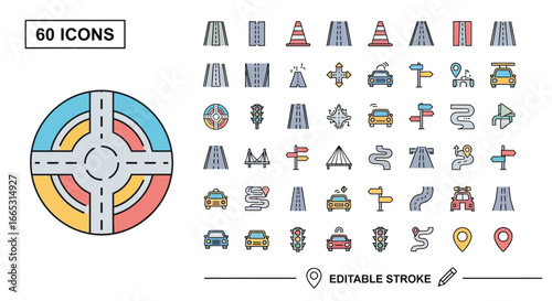 Collection of road and traffic icons including roundabout, cars, traffic lights, and signs