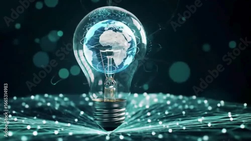 Light Bulb Idea: A futuristic representation of the planet Earth encased within a glowing lightbulb, symbolizing innovative solutions, sustainability, and the fusion of ideas.