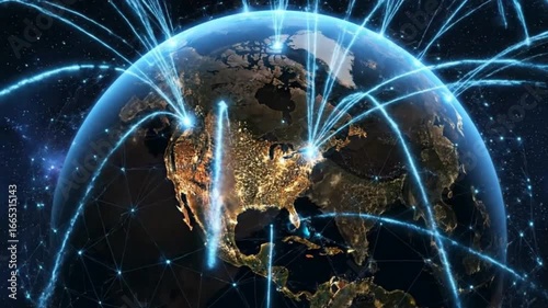 Global Network: A stunning visual showcasing Earth's continents interconnected by glowing, electric blue data streams, illuminating the concept of worldwide digital connectivity.