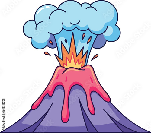 Fiery volcano erupting with hot lava and smoke against a white background