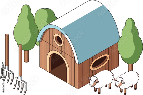 Charming cartoon barn with two fluffy sheep and garden tools in a sunny rural setting.