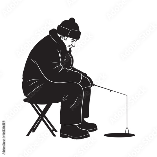 Vector silhouette of a man ice fishing. Winter hobby and cold weather outdoor recreation concept. Isolated graphic of an angler.