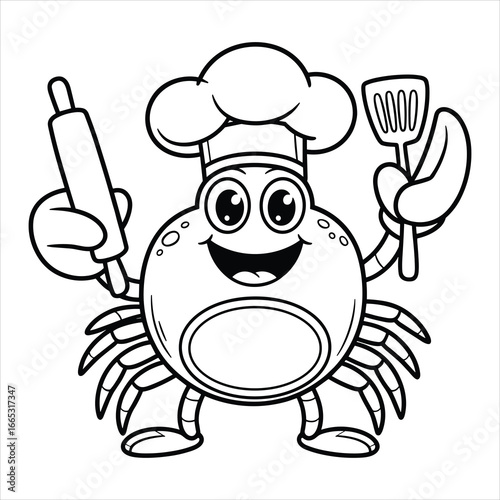 Cute Chef Crab Coloring Page Vector Illustration Cartoon Sea Animal with Hat and Kitchen Tools
