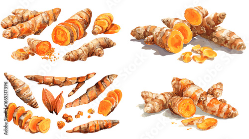 Watercolor turmeric roots set with whole rhizomes and slices. Bright orange curcuma spice illustration for cooking, herbal remedies, and organic food designs.