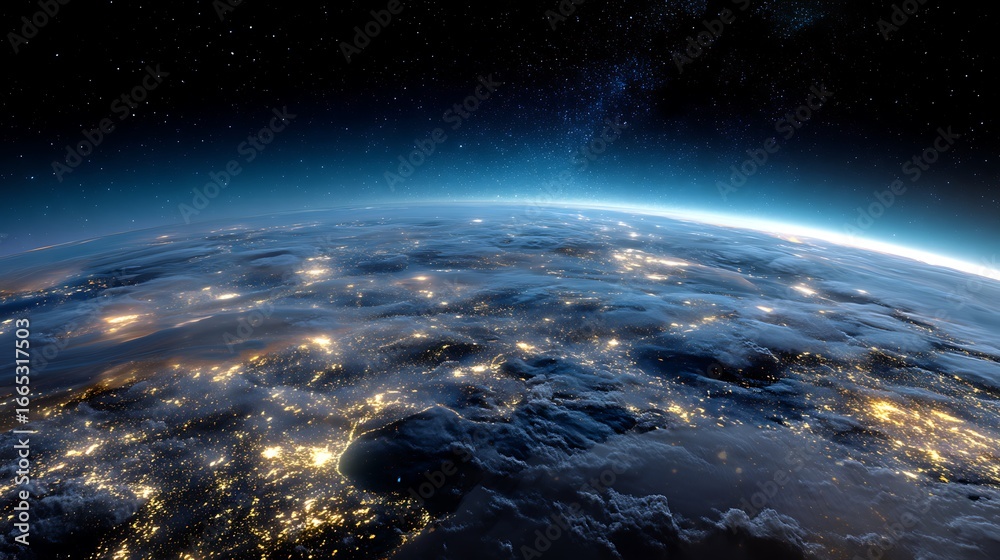 Obraz premium Earth from space view at night with city lights and clouds stock photo for background and wallpaper