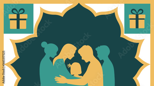 Illustration of a family hugging with gift boxes in the corners on a decorative background design
