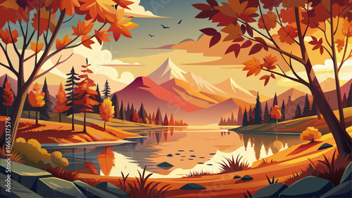 Autumn scenery graces Laacher See volcanic lake, fiery leaves reflecting across calm water, golden horizon whispers warmth, timeless landscape radiates harmony, eternal nature inspires serenity, beaut