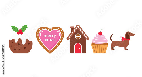 Festive holiday treats including a pudding, gingerbread heart, house, cupcake, and dachshund with scarf