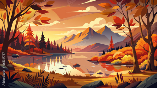 Autumn scenery graces Laacher See volcanic lake, fiery leaves reflecting across calm water, golden horizon whispers warmth, timeless landscape radiates harmony, eternal nature inspires serenity, beaut