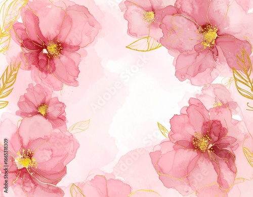 Abstract watercolor art background with pink flowers with golden line. Botanical banner with watercolor paints with transparency effect for design, decoration, poster, invitations.