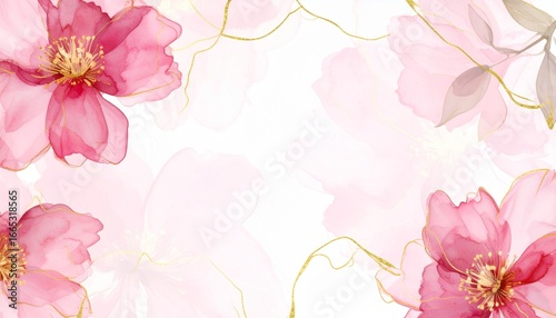 Abstract watercolor art background with pink flowers with golden line. Botanical banner with watercolor paints with transparency effect for design, decoration, poster, invitations.