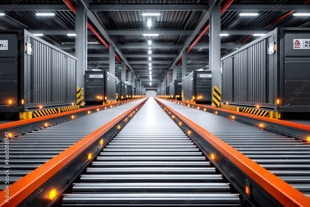 Fototapeta premium Automated guided vehicle system moving shipping containers in modern warehouse