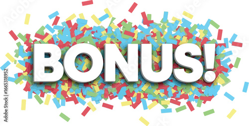 Celebratory 'BONUS!' text surrounded by colorful confetti, perfect for promotions and special offers.