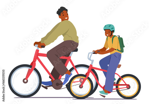 Father and son riding rental bicycles enjoying active leisure activity and travel together