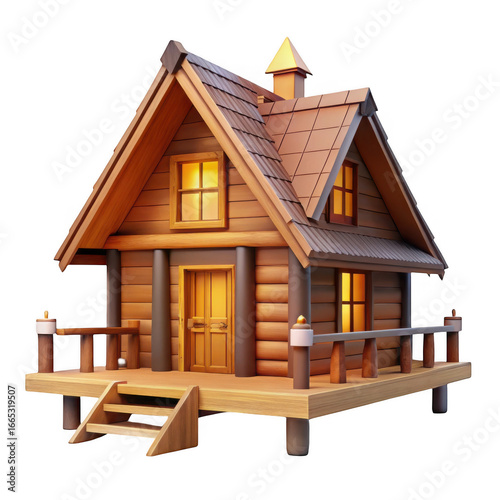 3d rustic log cabin with warm lighting isolated on transparent background