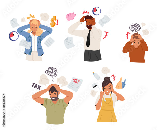 Diverse people cartoon characters feeling scared and panic having life and business troubles