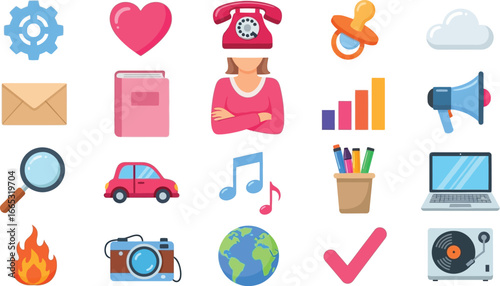 Collection of colorful icons representing various everyday objects and concepts