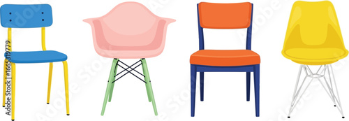 A colorful collection of modern designer chairs arranged in a row