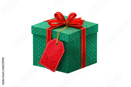 Festive Green Gift Box with Red Bow and Tag, isolated on white transparent background