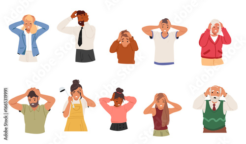 Diverse people cartoon characters touching head suffering from pain, tension and pressure set