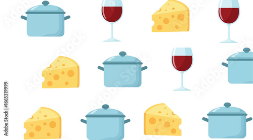 Playful pattern of cheese, wine glasses, and cooking pots for culinary delight