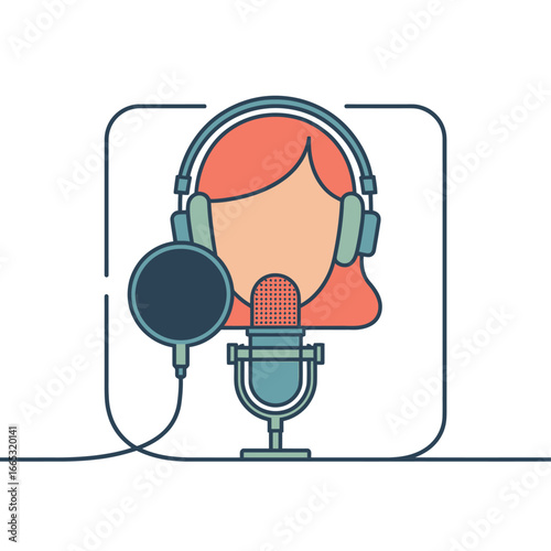 A stylized illustration of a woman wearing headphones and holding a microphone, suggesting a podcasting or recording session.