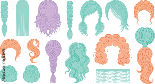Collection of colorful, stylized hairstyles and wigs in various textures and colors
