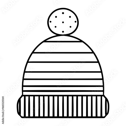 Beanie hat with pompom and horizontal stripe pattern. Contour illustration of winter accessorize. Single vector element on isolated background