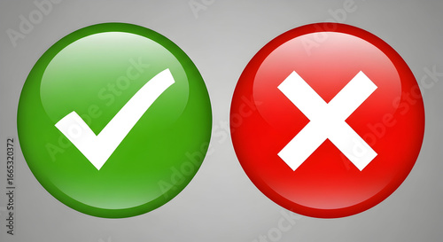 Right and wrong, acceptance and rejection concept. Round icons buttons with a check mark and cross. 3d rendering