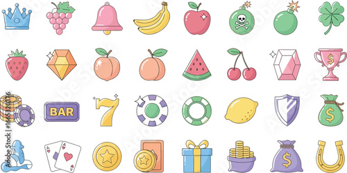 Collection of colorful casino slot machine icons, from fruits to lucky symbols.