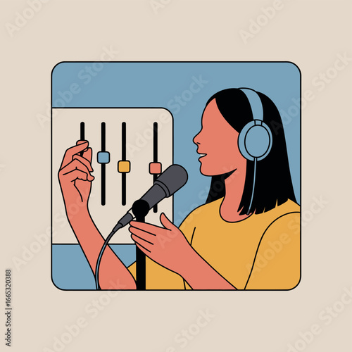 A graphic illustration of a woman in a recording studio, adjusting audio levels on a mixing console while wearing headphones.