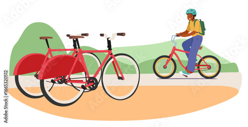 Happy satisfied teenage boy character returning from travel ride on rented bike cartoon scene