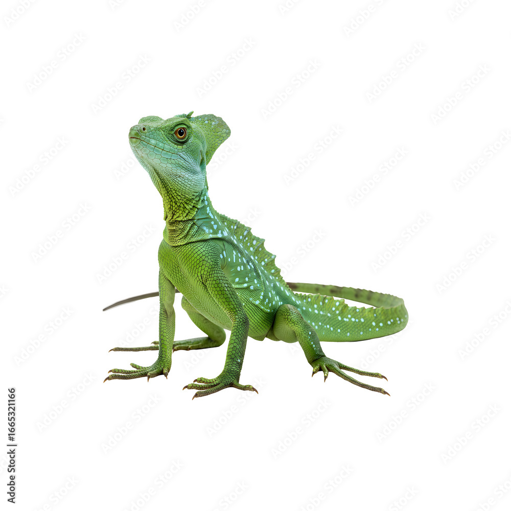 Fototapeta premium Green basilisk lizard isolated on white background exotic reptile species with striking appearance in ildlife photography