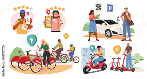 People using mobile app with car sharing opportunity and rental transport service cartoon scene