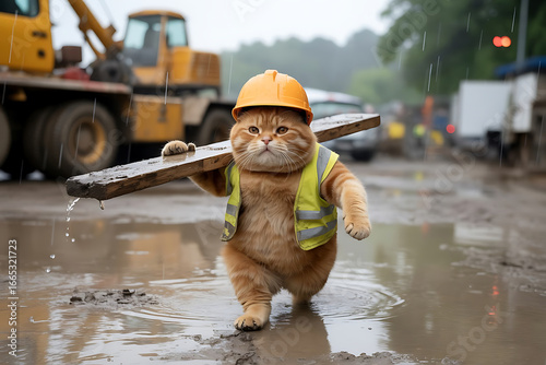 Orange cat wearing hard hat and safety vest carrying wooden plank through muddy construction site worker