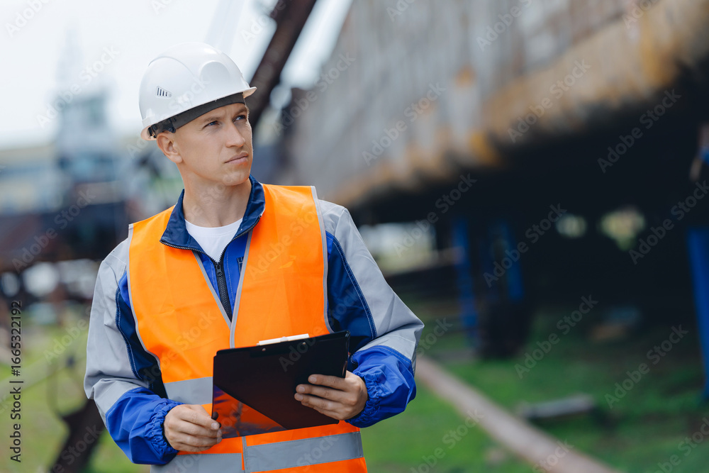 Fototapeta premium Male worker inspecting shipyard operations at cargo industry port