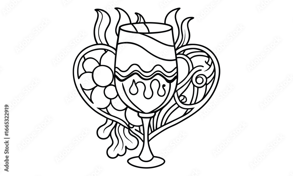 Obraz premium Wine glass t shirt design silhouette and vector line art, detailed high quality illustration, perfect for relaxation, stress relief, mindfulness, adult coloring books, printable artwork.