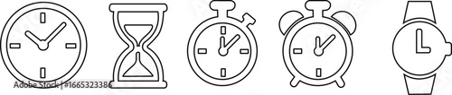 Timekeeping device lne art icon set ,Simple black clock on green background for time related concepts, ,Business lunch icon. Knife, fork and plate with clock illustration.