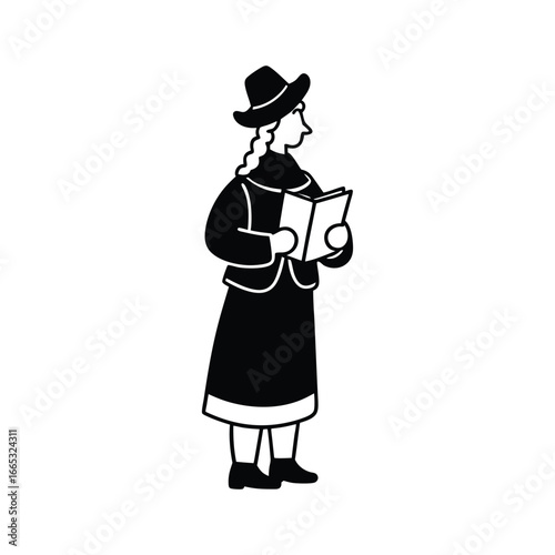 Christmas Carol Singer Line Art Silhouette Vector on White Background