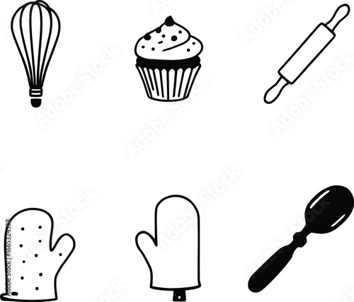 Baking doodle set kitchen utensils and cupcake vector illustration for culinary design and decoration needs