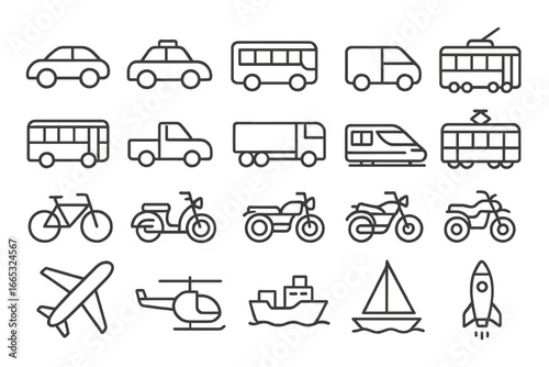 Various modes of transportation illustrated in a simple line art style showcasing cars, bikes, and airplanes