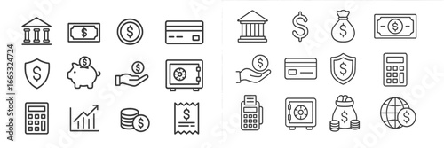 Various financial icons illustrating banking, currency, and money management concepts in a simple design