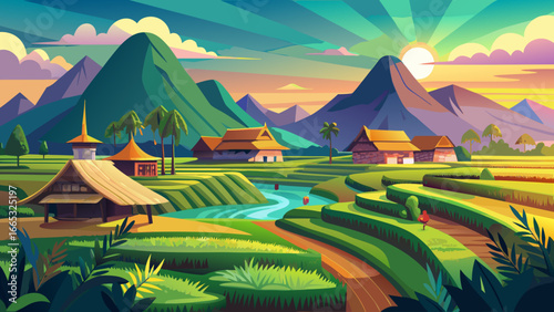 Scenic rural farmland glows with vibrant rice fields, Southeast Asia bathed in light, timeless cultivation whispers tradition, harmony of earth and people inspires peace, eternal green landscape breat