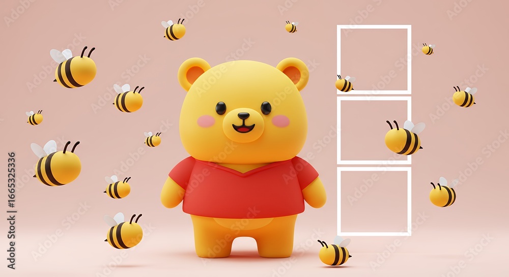 Obraz premium Cute yellow bear with honey bees playful design